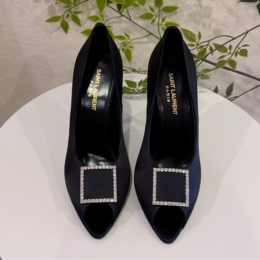 Authentic Saint Laurent Black Frankly 115 Satin Peep Pump Sandals Size 38.5 NIB - Picture 2 of 15
